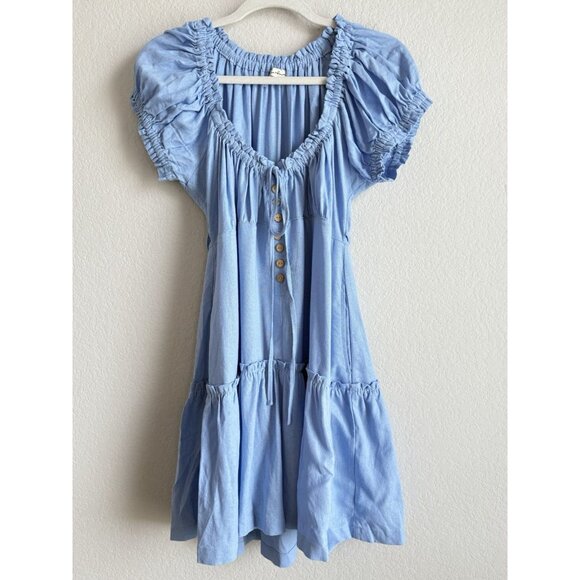 Hunter & Brown Women’s XL Blue Linen Blend Square Neck Tie Front Peasant Dress - Picture 7 of 12